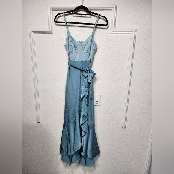 Lulus Double Darling Sage Green Color Block Satin Ruffled Maxi Dress Wedding - Picture 6 of 9